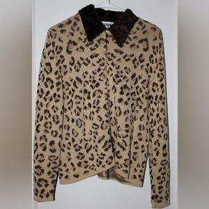 Vintage San Remo Leopard Knit Fur Collar Zip-Up Sweater